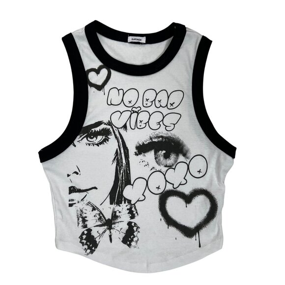 Y2K Style Garage Black & White Graphic Grunge Streetwear Cropped Tank Top / S - Picture 4 of 6